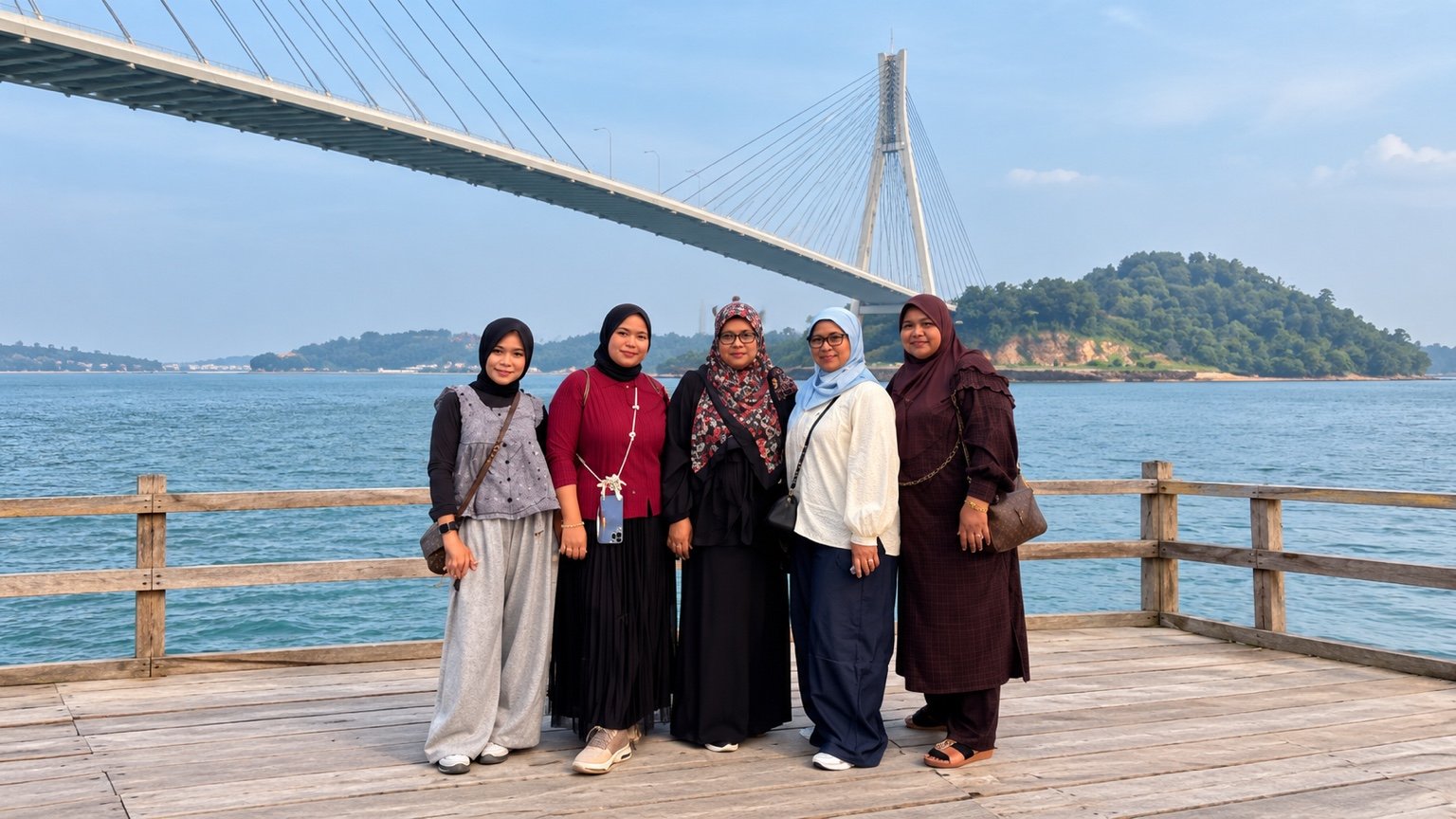 Five guests on the waterfront deck at Barelang Bridge, Batam.