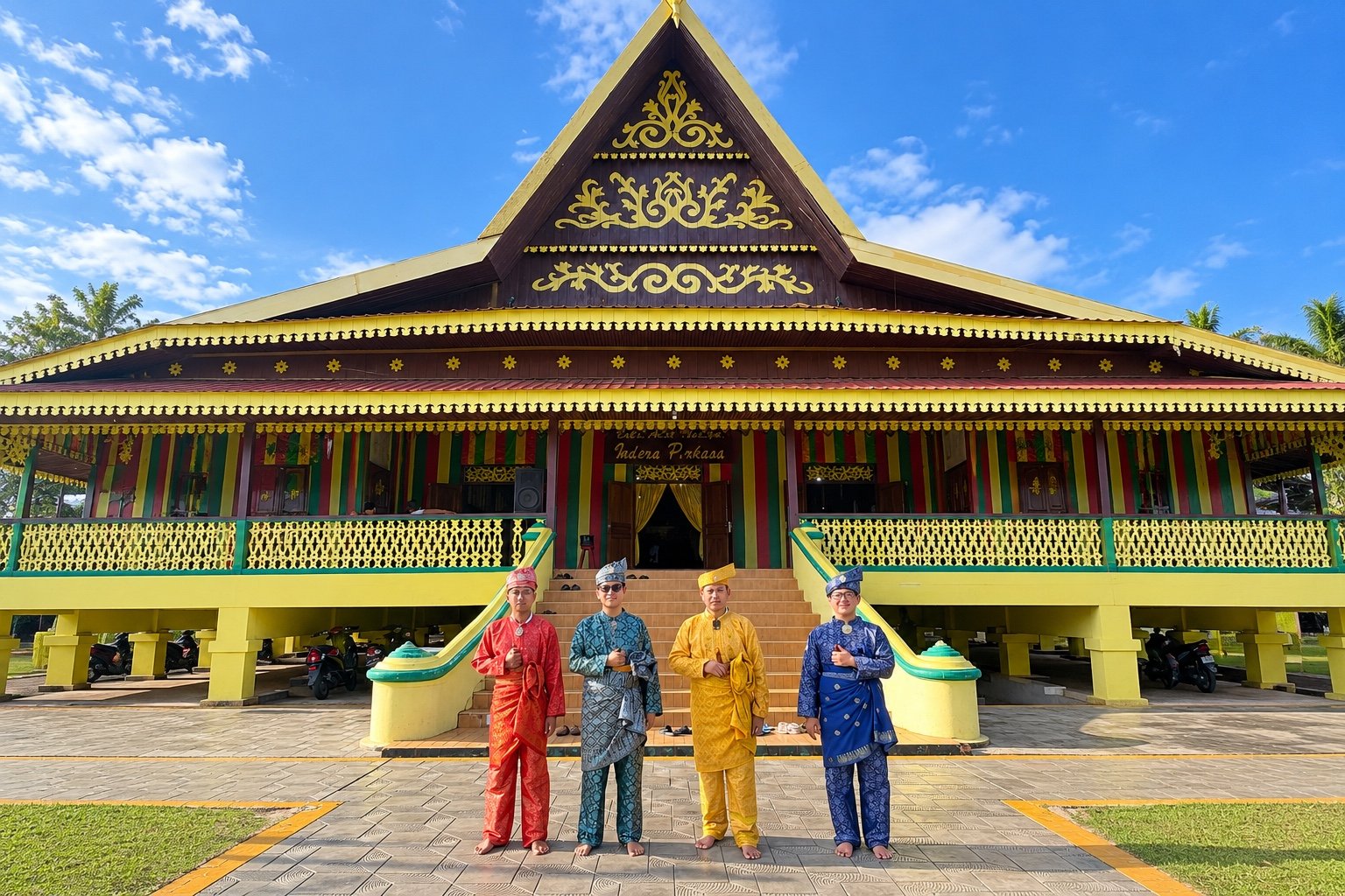 Four guests in traditional clothing at Balai Adat on Pulau Penyengat